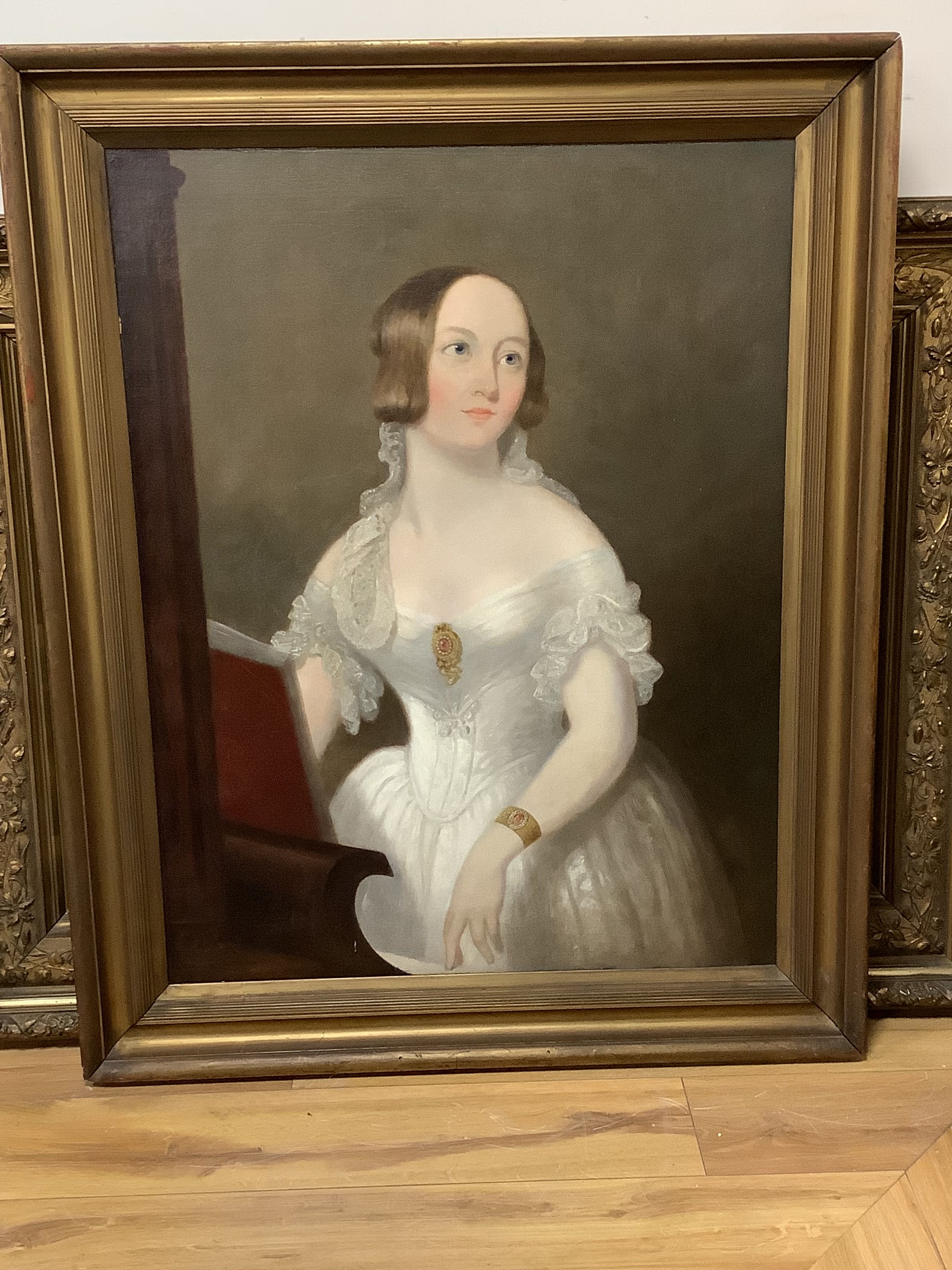 English School (19th century), oil on canvas, young lady seated at a piano, 90 x 69cm